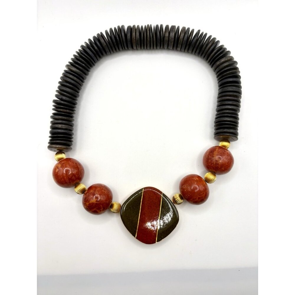 Chunky Vintage Beaded Statement Necklace Wooden Red Black Tribal Ethnic - Picture 2 of 3
